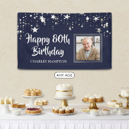 Birthday Foto Navy Blue Silver Stars Name Banner