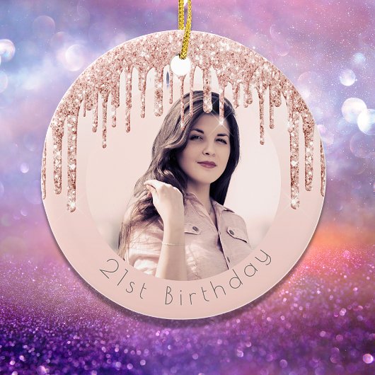 Birthday Foto Rosa Rosa Goldgold Glitzer Keramik Ornament