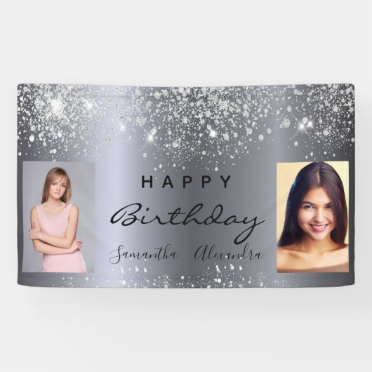Birthday Foto Silber Glitzer beste Freunde Zwillin Banner (Horizontal)