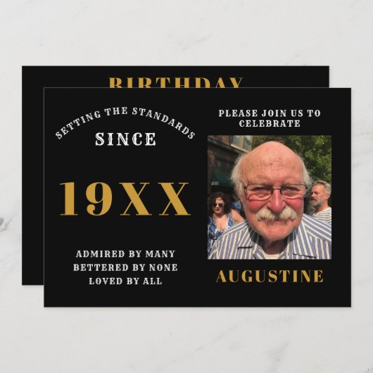 Birthday Foto Template Elegante Chic Black Gold Einladung (Vorne/Hinten)