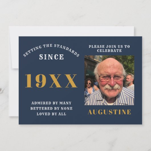 Birthday Foto Template Elegante Chic Blue Gold Einladung (Vorderseite)