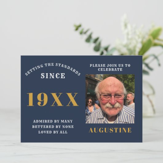 Birthday Foto Template Elegante Chic Blue Gold Einladung (Stehend Vorderseite)