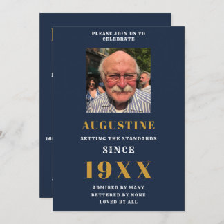 Birthday Foto Template Elegante Chic Blue Gold Einladung