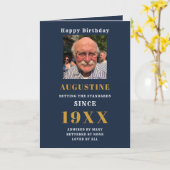 Birthday Foto Template Elegante Chic Blue Gold Karte (Gelbe Blume)