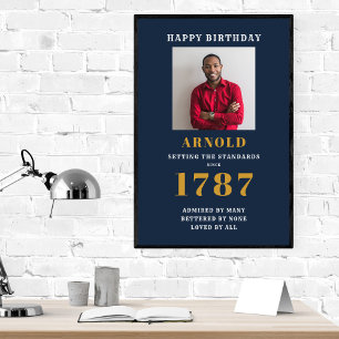 Birthday Foto Template Elegante Chic Blue Gold Pos Poster