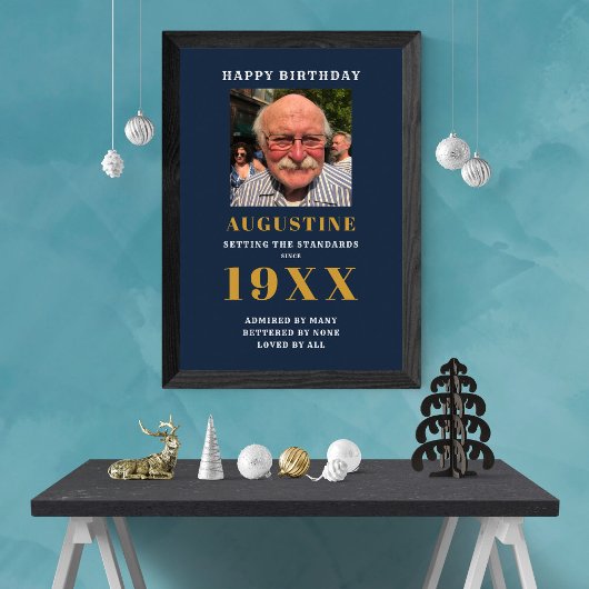 Birthday Foto Template Elegante Chic Blue Gold Poster