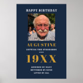 Birthday Foto Template Elegante Chic Blue Gold Poster (Vorne)