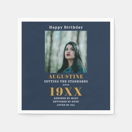 Birthday Foto Template Elegante Chic Gold Blue Serviette (Vorderseite)