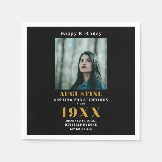 Birthday Foto Template Elegante Chic Gold Schwarz Serviette (Vorderseite)
