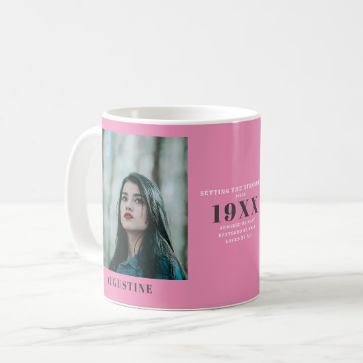 Birthday Foto Template Elegante Chic Pink Gray Kaffeetasse (Vorderseite Links)