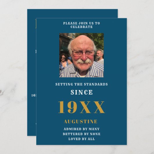 Birthday Foto Template Name Elegant Blue Gold Einladung (Vorne/Hinten)