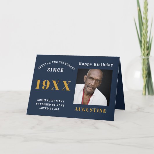 Birthday Foto Template Typografie Name Blue Gold Karte (Vorderseite)