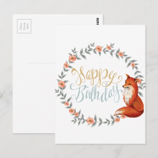 Birthday Fox Wreath Postkarte (Vorne/Hinten)