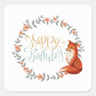 Birthday Fox Wreath Quadratischer Aufkleber