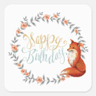 Birthday Fox Wreath Quadratischer Aufkleber