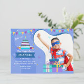 Birthday Frame Blue Foto Einladung (Stehend Vorderseite)