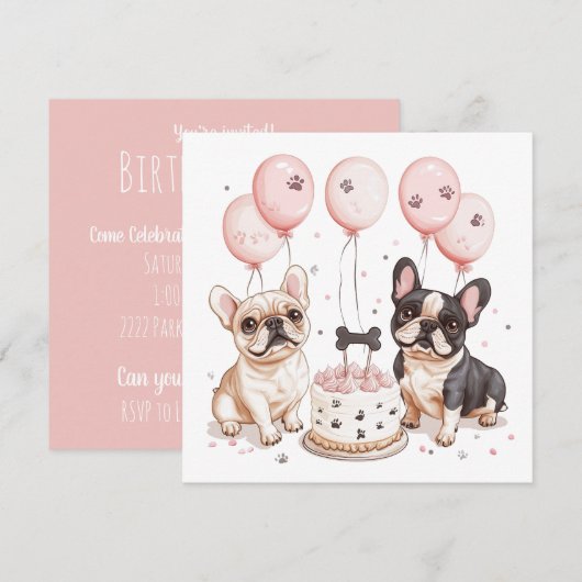 Birthday French Bulldogs Geburtstagstorte Einladung (Vorne/Hinten)