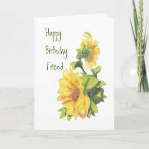 Birthday Friend Watercolor Sunflowers, Floral Karte