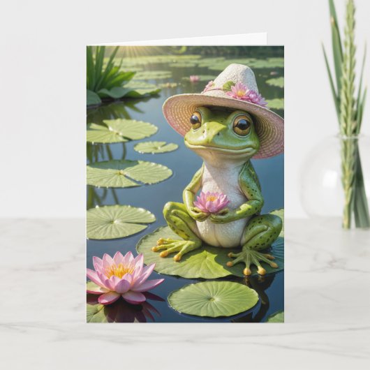 Birthday Frog sitzend auf einem Lilienwagen Karte (Vorderseite)