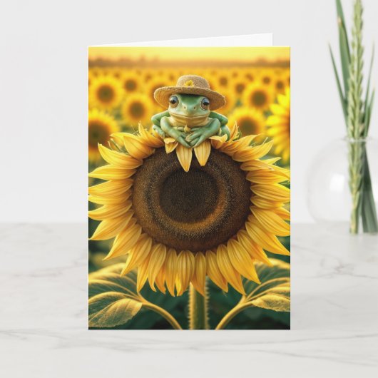 Birthday Frosch auf einer gelben Sonnenblume Karte (Vorderseite)
