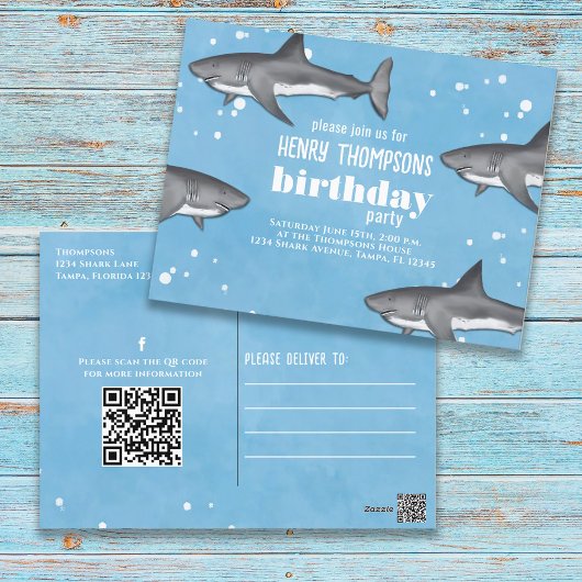 Birthday Fun Whimsical Haie QR Code Social Media Postkarte