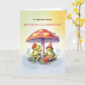 Birthday Funny Frogs Under Mushrooms Karte (Gelbe Blume)