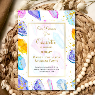 Birthday Gem Party Crystals Girl's Aquarell Einladung