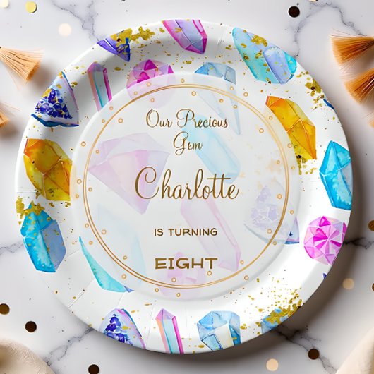Birthday Gem Party Crystals Girl's Aquarell Pappteller