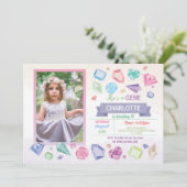 Birthday Gem Party Crystals Girl's Pastel Foto Einladung (Stehend Vorderseite)