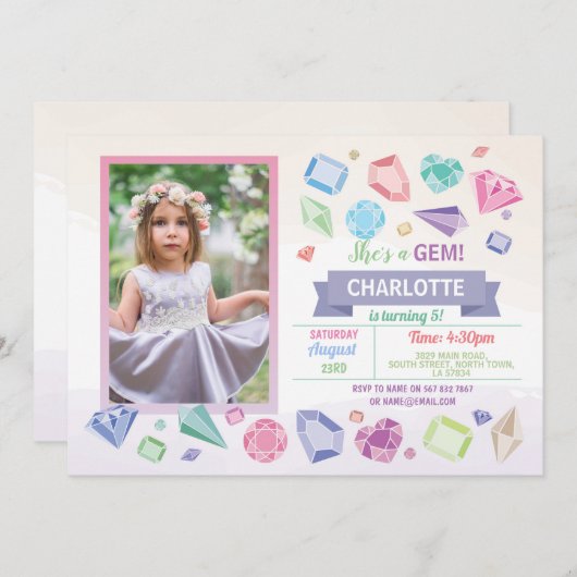 Birthday Gem Party Crystals Girl's Pastel Foto Einladung (Vorne/Hinten)