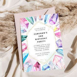 Birthday Gem Party Crystals Girl's watercolor Invi Einladung