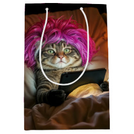 Birthday Gen Z Cat Staring an Electronic Tablet Mittlere Geschenktüte