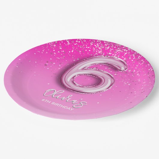 Birthday Girl 6th - with Pink Ballon Number Pappteller (Schrägansicht)