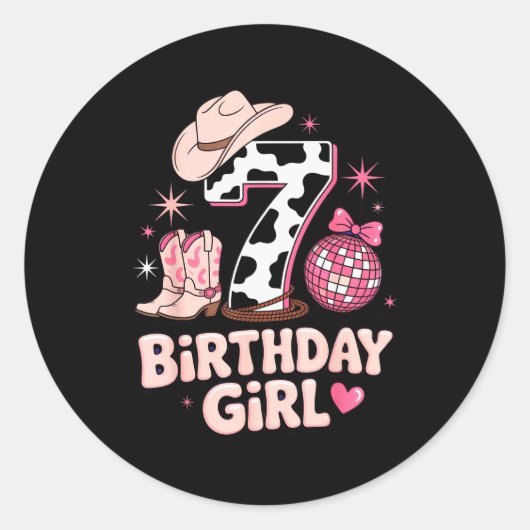 Birthday Girl 7 Cowgirl Party Outfit Fun Disco The Runder Aufkleber (Vorderseite)
