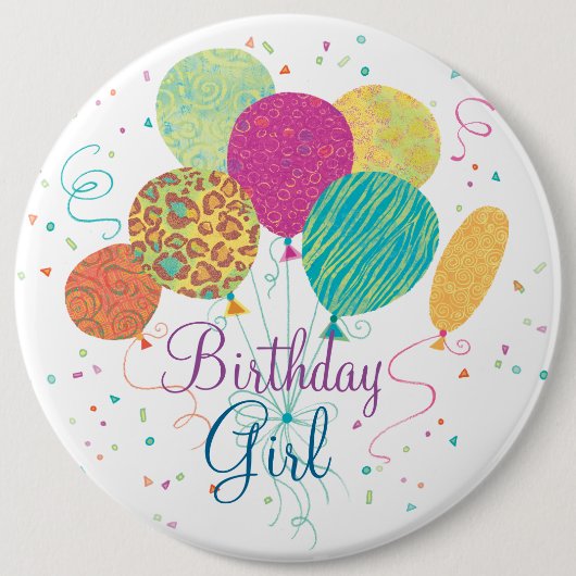Birthday Girl Animal Pattern Balloons Button (Vorderseite)