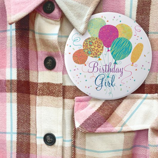 Birthday Girl Animal Pattern Balloons Button