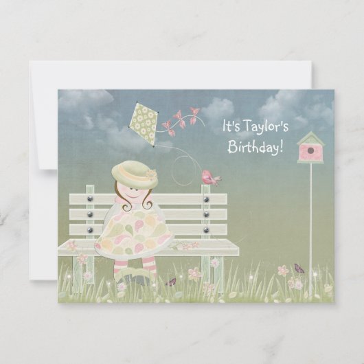 Birthday Girl auf Bank Einladung (Vorderseite)