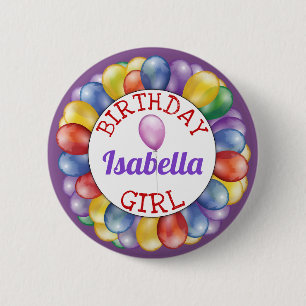Birthday Girl Balloons Button Lila