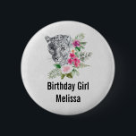 Birthday Girl Beautiful Leopard Head Watercolor Button<br><div class="desc">Geburtstagsknopf mit einer schönen Abbildung mit einem grauen,  schwarz-weißen Leopardenportrait. Dieses hübsche Tier ist von einer tropischen Blume umgeben. Elegant,  exotisch und schön.</div>