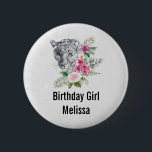 Birthday Girl Beautiful Leopard Head Watercolor Button<br><div class="desc">Geburtstagsknopf mit einer schönen Abbildung mit einem grauen,  schwarz-weißen Leopardenportrait. Dieses hübsche Tier ist von einer tropischen Blume umgeben. Elegant,  exotisch und schön.</div>