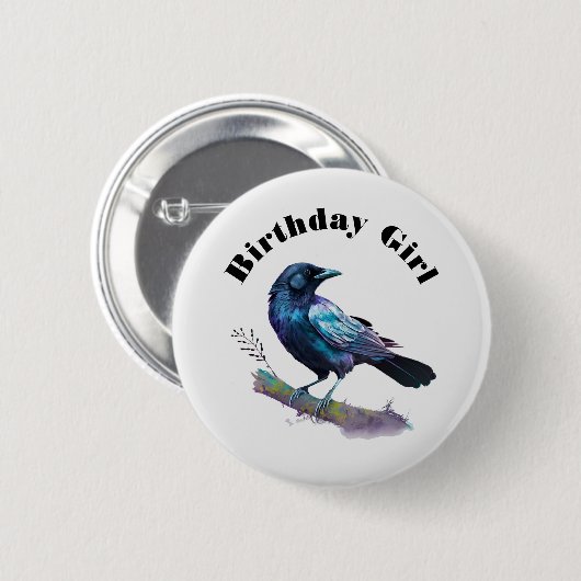Birthday Girl - Beautiful Raven on a Tree Branch Button (Vorne & Hinten)