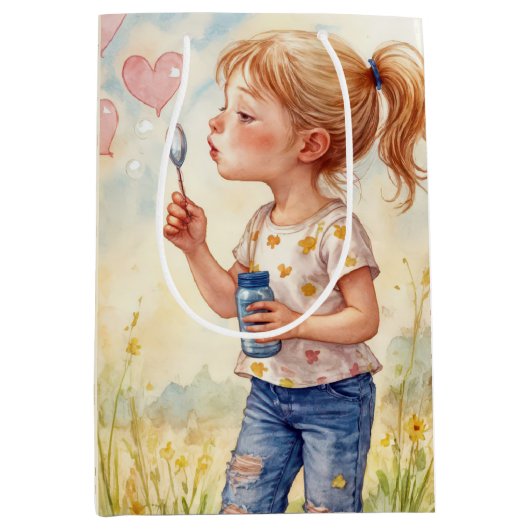 Birthday Girl blasst Herzblasen Mittlere Geschenktüte (Vorderseite)