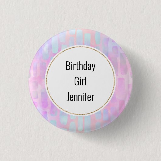Birthday Girl Blue Rectangle Shapes auf Pink Button (Vorderseite)