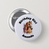 Birthday Girl Brown Horse Head Portrait Button (Vorne & Hinten)