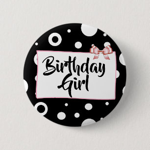 Birthday Girl Button Schwarz, Weiß und Rosa Bow