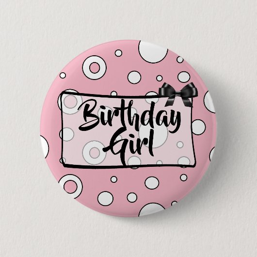 Birthday Girl Button Schwarz, Weiß und Rosa Bow (Vorderseite)