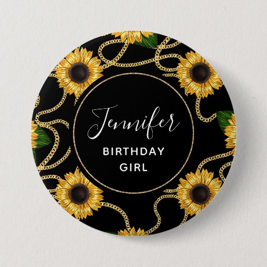 Birthday Girl Classy Yellow Sunblumen Muster Button (Vorderseite)