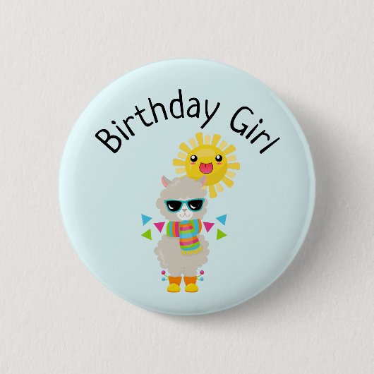 Birthday Girl Cool Llama und lächelnd Kawaii Sun Button (Vorderseite)