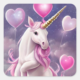 Birthday Girl Fantasy Unicoron mit rosa Balloons Quadratischer Aufkleber