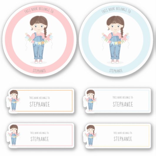 Birthday Girl in Overalls Brünett Aufkleber (Vorderseite)